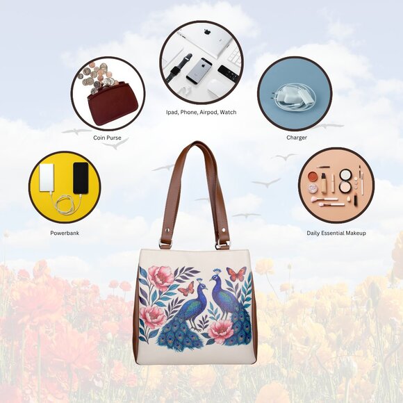 Printed Leather Shoulder Tote Bag for Women – Top Handle Handbag Purse Work - Picture 4 of 9